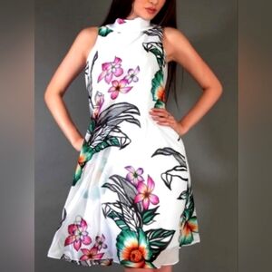 Joseph Ribkoff White Pink Floral Chiffon Flowy Sleeveless Shift Dress Size 8